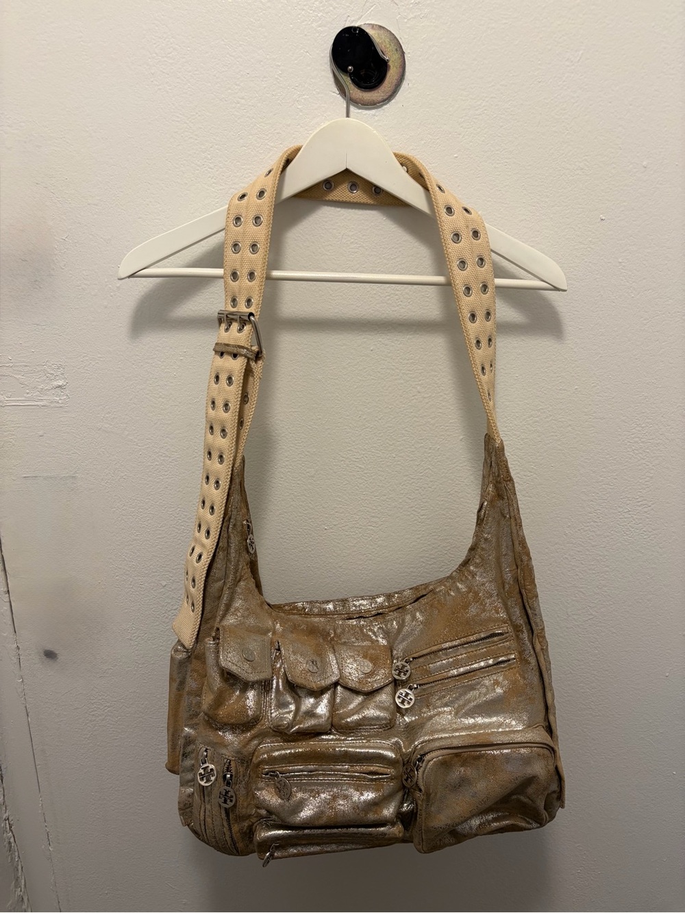 Tory Burch Metallic Gold Leather Cargo Hobo Bag